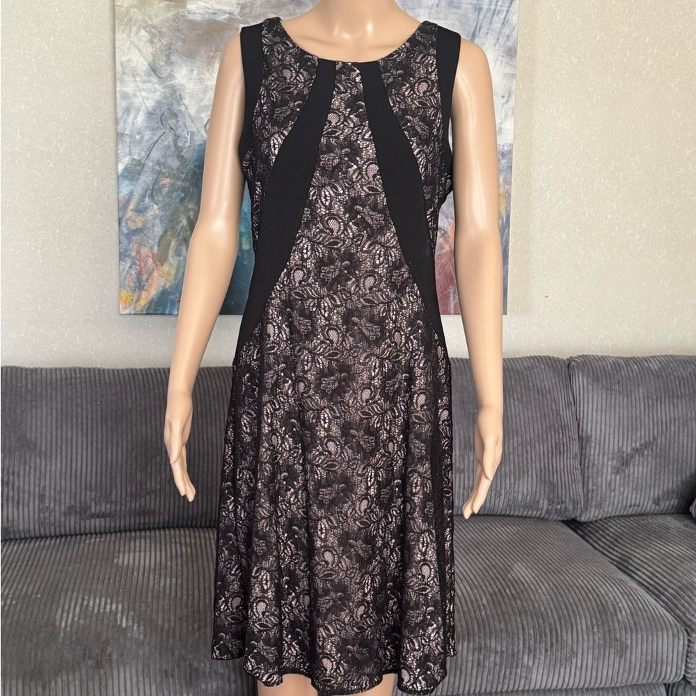 Ivanka Trump Black and Tan A-Line Midi Dress Scoop Neck Sleeveless